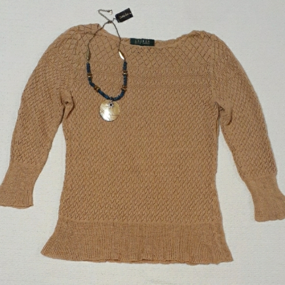 LAUREN By Ralph Lauren Tan Crew Neck Knit Sweater